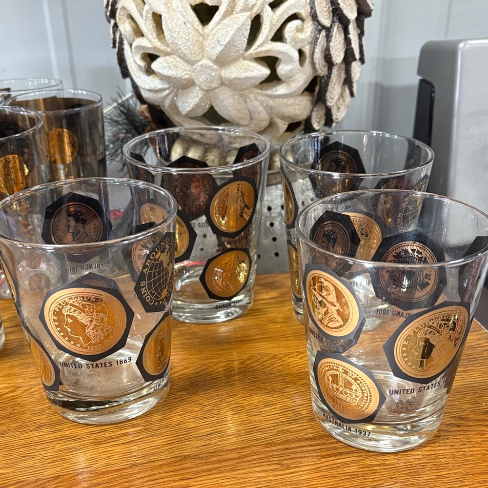Libbey Black Gold Coin Around the World MCM Whiskey Glasses Set 4 Barware VTG